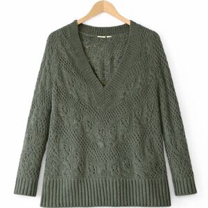 Cato Olive Green Cable Knit V-Neck Sweater | Chunky Knit Pullover | Size Medium
